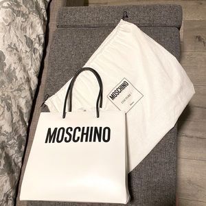 Moschino White Leather Logo Tote Bag